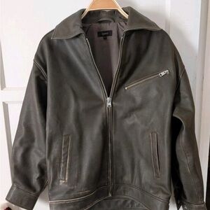 NWOT Quince 100% Leather Oversized Bomber Jacket Distressed Brown Size Small